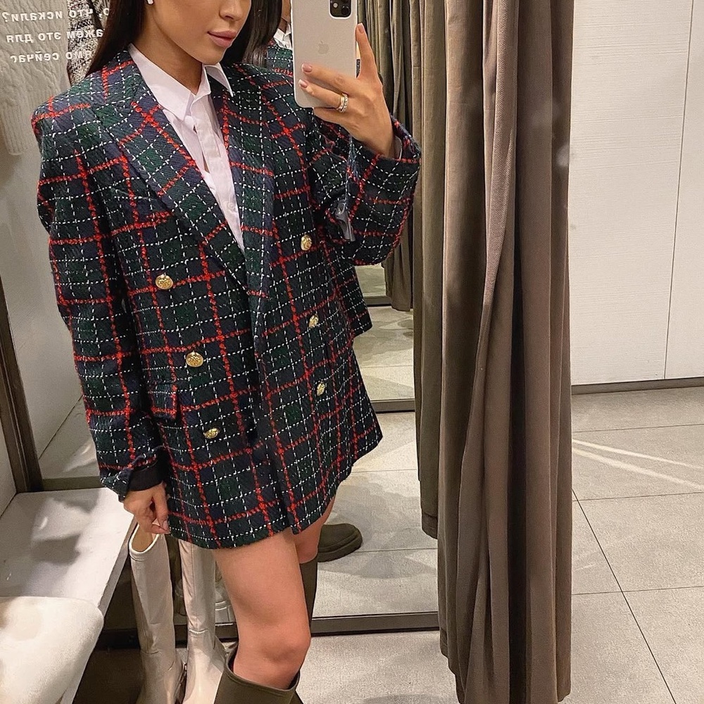 ZARA WOMEN DOUBLE BREASTED PLAID BLAZER GOLD BUTTONS